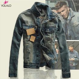 Men's Jackets VOLALO Hi-Street Men Ripped Jeans Washed Patchwork Distressed Denim Man Slim Fit Streetwear HipHop Vintage Jacket