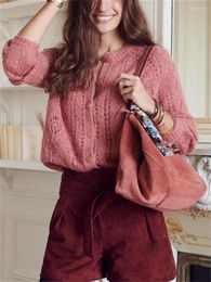 Women's Knits Women Wool Blend Hollow Cardigan French Autumn Winter Versatile Ladies Single-Breasted Long-Sleeved Solid Colour Sweater Coat