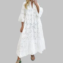 Casual Dresses Crochet White Cotton Dress For Women Hollow Bohemian Flared Sleeve Long Ladies Loose Holiday Party A Line