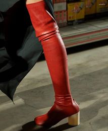 Boots Square Cleft Toe Winter Long Red Black White Grained Genuine Leather Block Heels Thigh High Fashion Runway Shoes