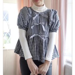 Women's Blouses Y2k Shirts 2000s Tops Elegant Women Clothes Solid Color/Plaid Print Round Neck Puff Short Sleeve Fashion Streetwear