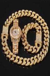 Hip Hop Rose Gold Chain Cuban Link Bracelet necklace Iced Out Quartz Watch woman and men Jewelry Set gift286g8411555