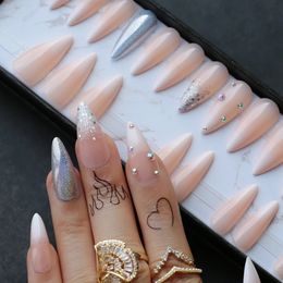 Glitter ombre Stiletto baby ombre nude Fake nails AB hologram Fasle nails Press on nail crystal nails tip gift box 240430