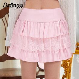 Skirts Sweet Pink Summer Cake Mini Skirt Tierred Lace Trim Folds Korean Fashion Girls Y2K Coquette Clothes Kawaii