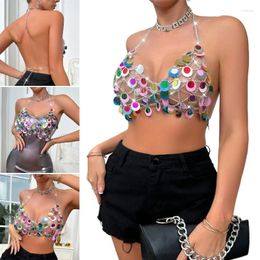 Women's Tanks Women Layered Colourful Sequins Halterneck Chain Crop Top Sexy Hollowed Backless Body Jewellery Bras For Festival