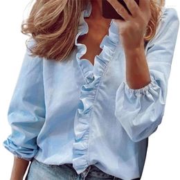 Women's Blouses Women Shirt Ruffle Stitching Elastic Cuff Sexy V Neck Long Sleeves Ladies Pullover Streetwear Casual Solid Colour
