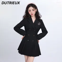 Casual Dresses Hepburn Style Black Short Suit Uniform Dress Sweet Bow Lace-up Waist Slimming Temperament Women's Pleated Mid-Length Coat