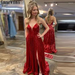 Party Dresses JaneVini Sparkly Sequins A Line Prom With Slit 2024 Red Long V Neck Sexy Women Evening Gown Gala Dress Robes Chic