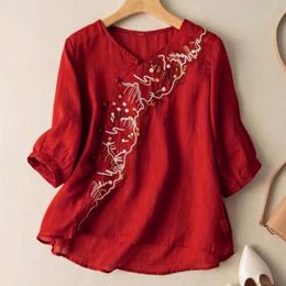 Women's Blouses Embroidered Shirt Puff Short Sleeves Round Neck Bohemian Style Casual Loose Button Three Quarter Sleeve Tops Ladies