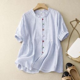 Women's Blouses Limiguyue Women Summer Striped Shirts Cotton Linen Blouse Japanese Style Colourful Button Loose Female Casual Ruffles Tops
