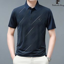 Summer Mens Short Sleeve Elastic Polo Shirt Male Comfortable Collar Tshirt Stripe Pullover Polos Top 240430