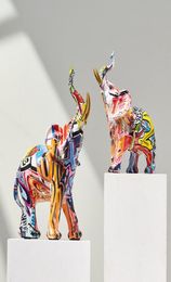 Decorative Objects Figurines Art Colourful Elephant Sculpture Resin Animal Statue Modern Graffiti Home Living Room Desk Aesthetic G5283737
