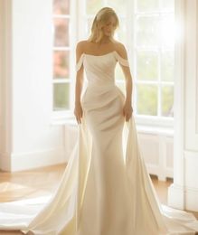 Elegant Long Satin Ivory Beaded Wedding Dresses With Removable Train Sheath Pleated Off Shoulder Vestido de novia Zipper Back Bridal Gowns for Women