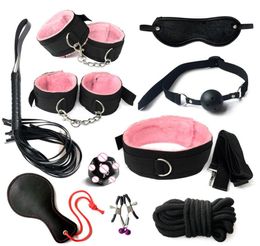 10pcs PU Leather Sex Bondage Set BDSM Restraints Sex Toys Adult Game Hand CuffsFootcuffWhipBlindfoldMouth GagBreast Clip Y22469935