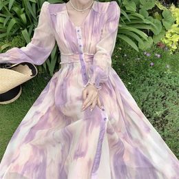 Casual Dresses Elegant Ink Printed Women Chiffon Dress Vintage V Neck Long Sleeve Robe Female Sundress Chic Princess Beach Vestido