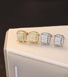 White Zircon Square Stud Earrings For Men Hip Hop Jewellery Vintage Fashion Full Stone Yellow GoldSilver Colour Male Gift8106241