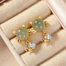 Dangle Earrings Original Silver Jewelry S925 Sterling Natural Hetian Jade Gray Cute Personality Kitten Temperament Lady Ear Stud