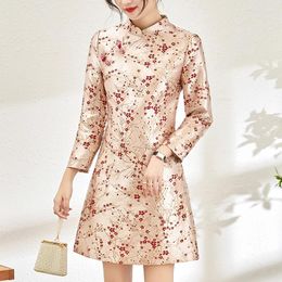 Casual Dresses Chinese Style Women's Cheongsam Dress 2024 Spring Elegant For Women Long Sleeve Floral Print Vintage Jacquard Slim