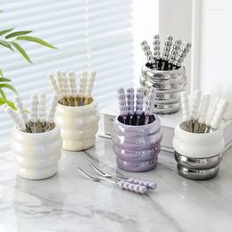 Dinnerware Sets Light Luxury Instagram Pearl Fruit Fork Set Creative Colorful Ceramic Storage Can Household Stainless Steel