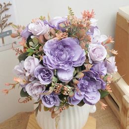 Decorative Flowers Artificial Flowe Silk Rose Hydrangea Bouquet Vintage Bride Holding Fake Plants Home Wedding Decoration Party Room