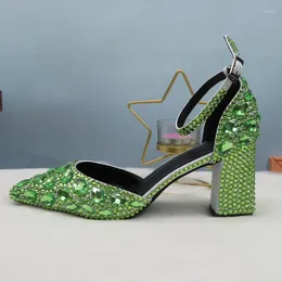 Sandals Light Green Crystal Summer Ankle Strap Fashion Wedding Shoes Woman Pointed Toe High Thick Heel Buckle 2024