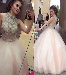 Prom Dresses Light pink two piece set heavy handmade fluffy skirt dress skirt multilayer net high collar back zipper custom maili9582920