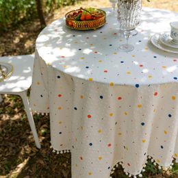 Round Tablecloth Colourful Pom Tassel Linen Textured Decorative Table Covers for Indoor Outdoor Dining Buffet Parities Dinner 240428