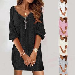 Casual Dresses Women's V-Neck Knitted Long Sleeved Simple Monochromatic Loose Fitting Spring Multiple Colors