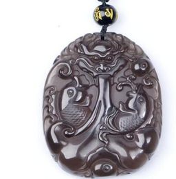 Real Clear Ice Natural Obsidian Carved Fish Dragon Lucky Charm Pendants Necklace Fashion Women039s Jewelry6673710