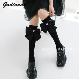 Women Socks Big Bow Cotton Calf Flower Sequins Black White Knee Length Korean Thigh High Long Students JK Lolita Stocking