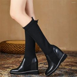 Boots Platform Pumps Shoes Women Slip On Genuine Leather Wedges High Heel Knee Female Knitting Round Toe Thigh Oxfords