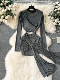 Casual Dresses Fashion Autumn Gray Long Sleeve Chic Bandage Pleated Short Dress Women 2024 Sexy Ruched Waist Hollow Out Wrap Hip Mini