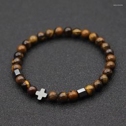 Strand Simple Style Men Cross Bracelet 6mm Natural Red Howlite Lava Tiger Eyes Braslet Hematite Stone Braclet Pulseria Hombre