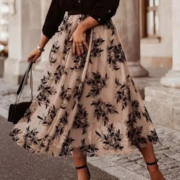 Skirts Women Midi Skirt 3D Embroidered Leaf Print Double-Layered Mesh Puffy Long Tulle High Waist Elastic Design Lady