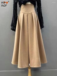 Skirts Autumn Winter Solid Color Woole Warm Long For Women Vintage Zipper High Waist Pleated A-line Skirt Casual Elegant