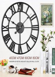 Wall Clocks 40476080cm Modern 3D Large Retro Black Iron Round Art Hollow Metal Clock Nordic Roman Numerals Home Decoration19143777