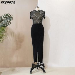 Party Dresses Sexy See Through Black Prom White Pearls Short Sleeves Straight Elastic Women Special Occasion Gowns In Stock