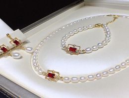 Earrings Necklace HABITOO 67mm White Natural Freshwater Pearl Bracelet Red CZ Sqaure Fittings Gorgeous Jewellery Set For Women3387107