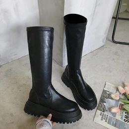 Boots 2024 Winter Chunky Platform Heels Long Round Toe Zipper Thick Sole Ladies Fashion Black Women's Knee High