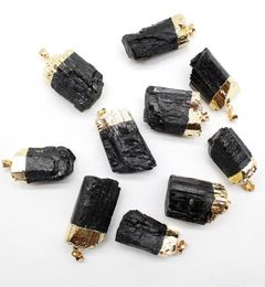 Pendant Necklaces Natural Black Tourmaline Stone Electroplating Gold Color Pillar Cylindrical Energy DIY Woman Man Gift Jewelry 5P1988456