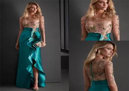 Sexy Evening Dresses Crystals Beaded Sheer Neck Half Sleeves Side Split Women Formal Prom Gowns Cocktail Party Dress Plus Size Chr3608633