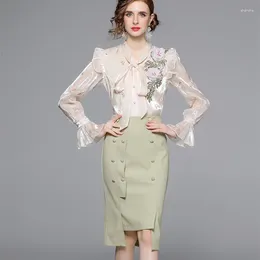 Work Dresses Elegant Women Two-Piece Set Fashion Flower Embroidery Ruffled Bow Shirt Top High Waist Irregular Midi Skirt Suit Lady Outfits