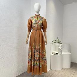 Party Dresses Self Tie Belt Ramie Orange Turtleneck Floral Printing Half Sleeve High Quality 2024 Women Vintage Loose Maxi Dress