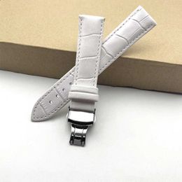 Watch Bands Vintage genuine leather white belt butterfly buckle strap 12 13 14 15 16 17 18 19 20 22 24mm Q240430