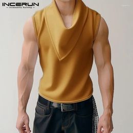 Men's Tank Tops INCERUN 2024 Korean Style Fashion Pile Neck Vests Casual Streetwear Solid Well Fitting Sleeveless S-5XL