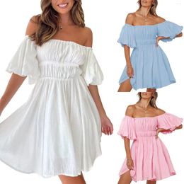 Casual Dresses Women's Summer Puff Sleeve Off Shoulder Mini Dress Ruffled A Line Flowy Swing Solid Cocktail For Women