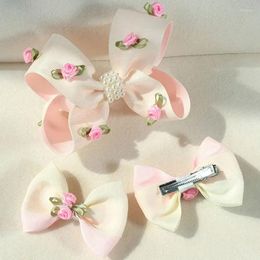 Hair Accessories 3Pcs Ribbon Bowknot Clips Girls Silk Rose Flower Hairpins Boutique Korean Kids Barrettes Headwear