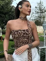 Ruched Leopard Print Tulle for Top Women Sexy Halter Sleeveless Off Shoulder Tops 2024 Summer Backless Lady Beach Chic Corset 240418