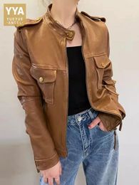 Women's Leather Women Vegetable Tanned Sheepskin Motorcycle Jacket Stand Collar Zipper Pockets Genuine Autumn Casual Outwear Coat