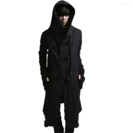 Men's Trench Coats Autumn Winter Men Punk Hip Hop Slim Fit Long Coat Hooded Cloak Cardigan Mens Linen Rope Design Gothic Jackets Outerwear